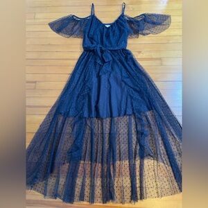 Joyfolie Navy Polka Dot Mesh Overlay Ruffle Maxi Dress SZ L Boho Whimsy